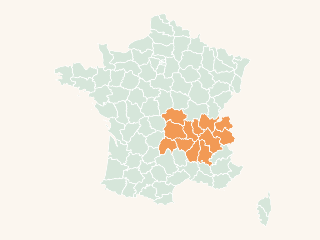 Carte urbex d'Auvergne-Rhône-Alpes : la région en orange sur la carte de France