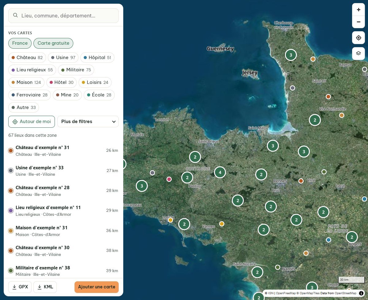 Carte urbex en ligne : lieux abandonnés regroupés sur la photo aérienne de l'IGN, fiche d'un lieu ouverte