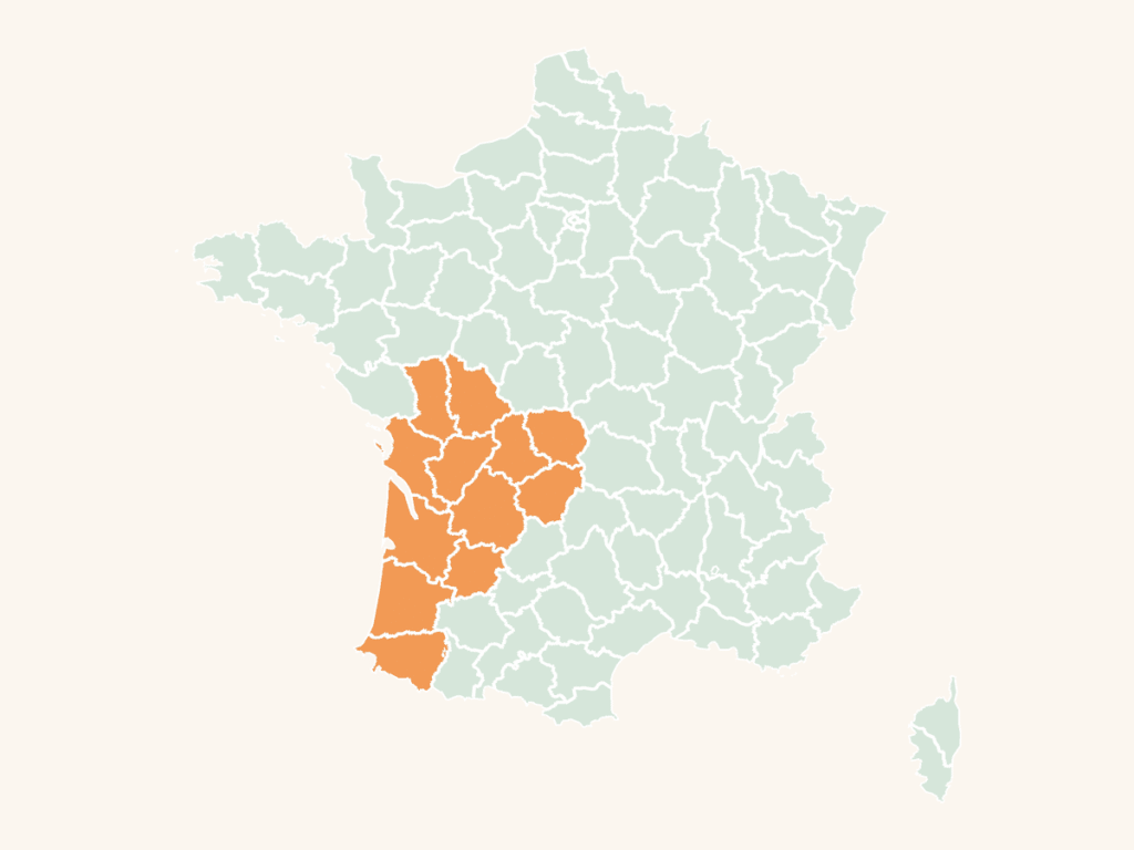 Carte urbex de Nouvelle-Aquitaine : la région en orange sur la carte de France