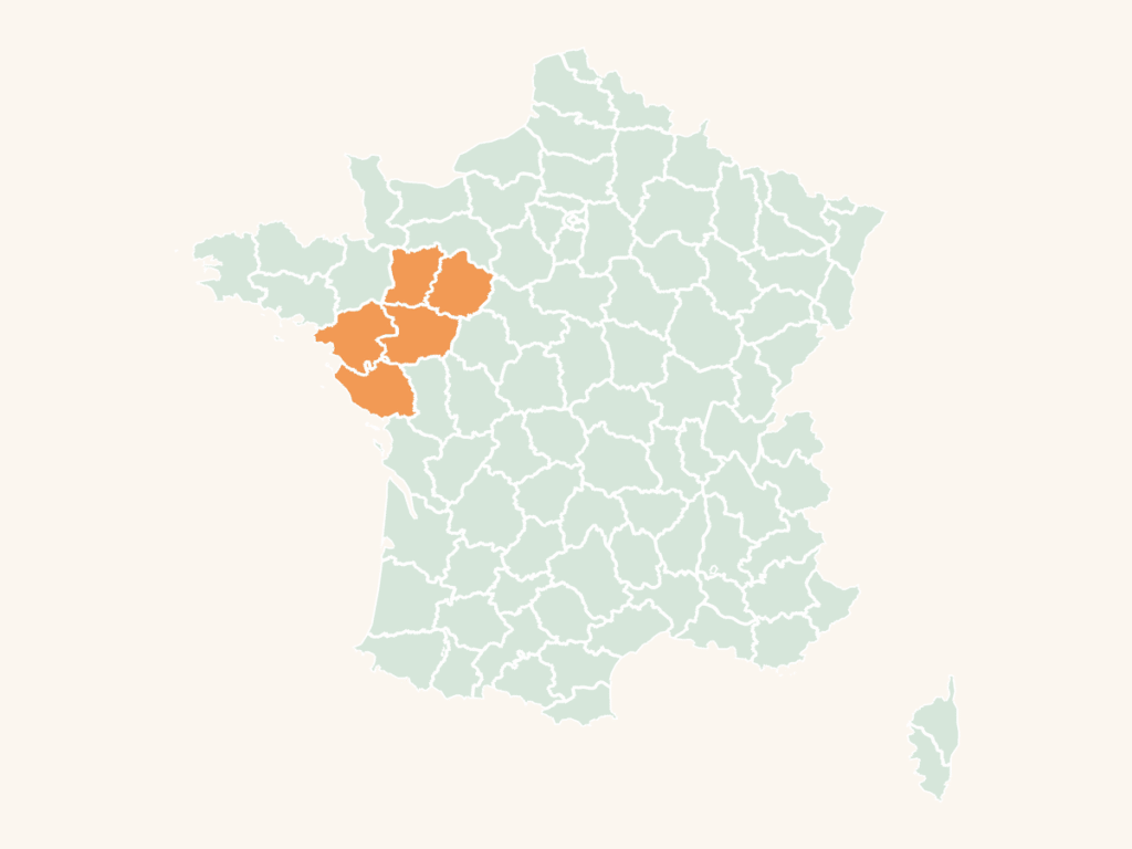 Carte urbex des Pays de la Loire : la région en orange sur la carte de France